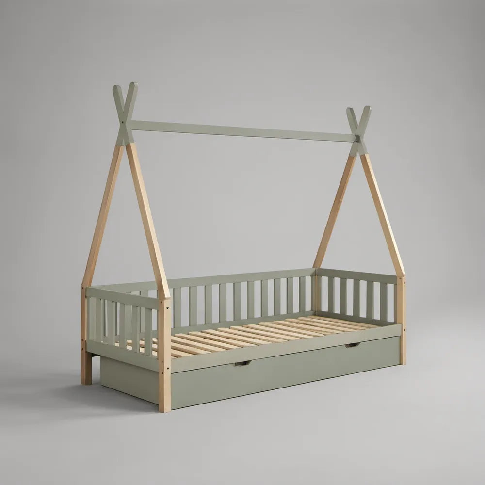 Twin House Bed Frame with Pull-Out Storage Drawer, 78 x 41 x 70 in, Sage Green and Natural Pine
