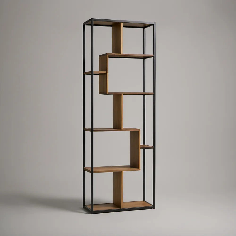 6-Tier Geometric Display Bookcase, Walnut and Black, 27.6 x 11.8 x 70.9 in