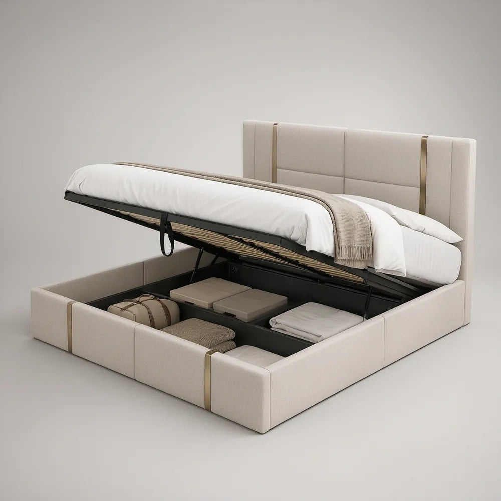 Queen Upholstered Lift-Up Storage Bed Frame with Cream Headboard and Gold Trim, 64 in. x 85 in.