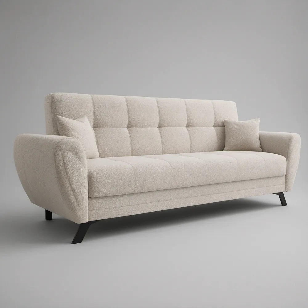 Cream Boucle Upholstered 3-Seat Sofa with Black Steel Legs, 82.7 x 35.4 x 33.5 in