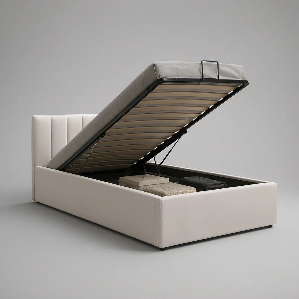 Queen Upholstered Hydraulic Lift Storage Platform Bed, Ivory, for 60 x 80 in Mattress