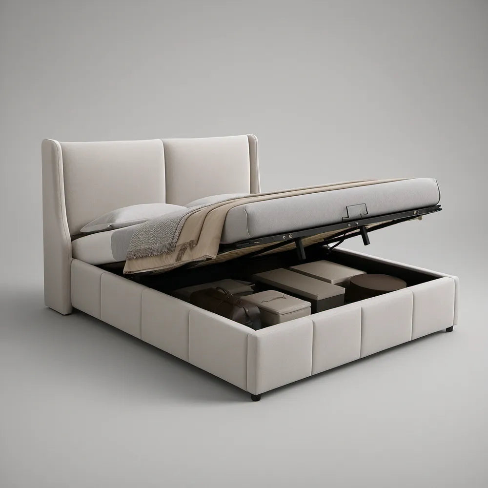 Queen White Upholstered Hydraulic Lift Storage Bed Frame, 80 x 63 x 45 in
