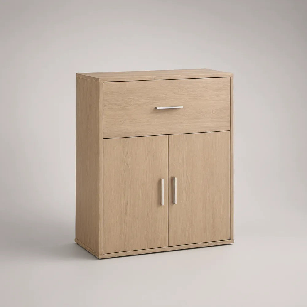 Light Oak Engineered Wood Storage Cabinet with Drawer and 2 Doors, 31.5 x 15.7 x 39.4 in