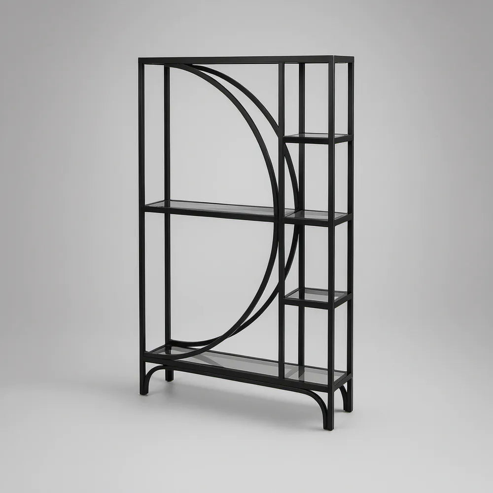 5-Tier Black Powder-Coated Steel and Clear Tempered Glass Shelf, 31.5 x 11.81 x 70.87 in