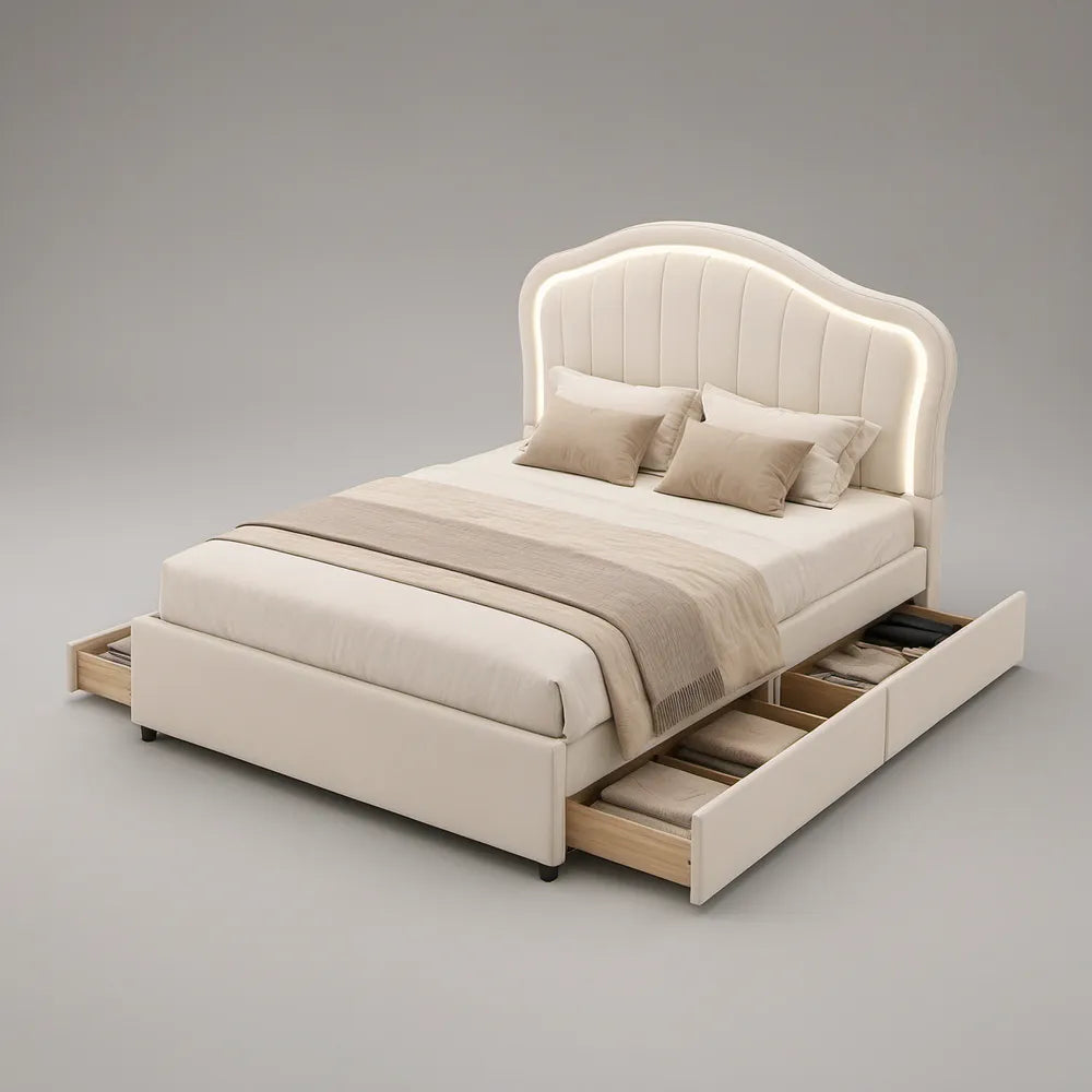 Queen Cream Upholstered Storage Bed Frame with LED Headboard and 3 Drawers, 64 x 86 x 50 in