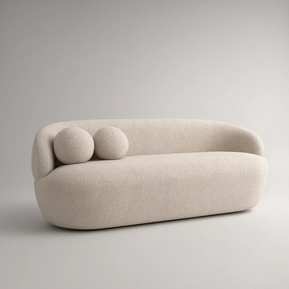 Ivory Curved 3-Seat Boucle Sofa with 2 Round Pillows, 94.5 in W x 37.4 in D x 31.5 in H
