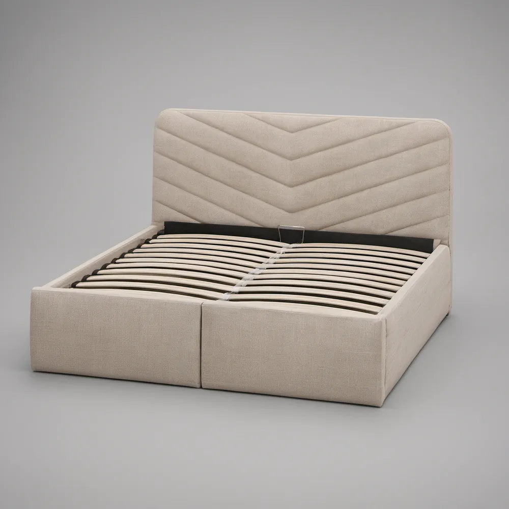 Queen Hydraulic Lift Storage Bed with Upholstered Chevron Headboard, Beige Polyester, 86 x 65 x 45 in