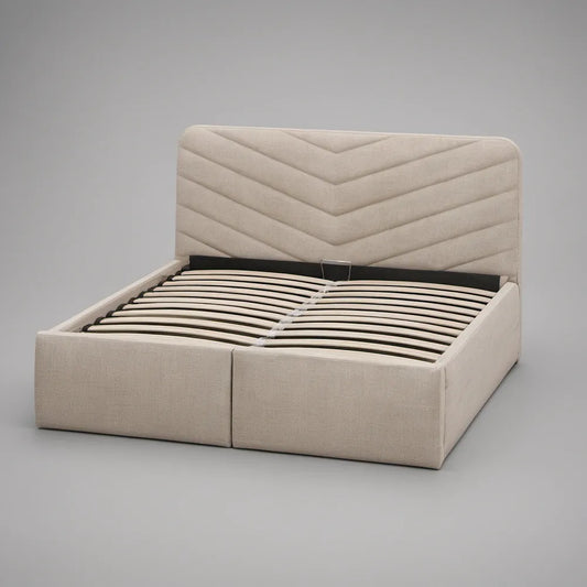 Queen Hydraulic Lift Storage Bed with Upholstered Chevron Headboard, Beige Polyester, 86 x 65 x 45 in