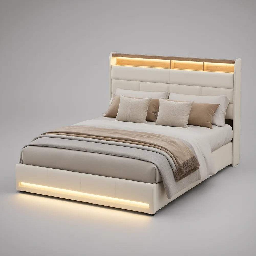 Queen White PU Leather Storage Bed with LED Headboard and Footboard, 87 x 64 x 48 in