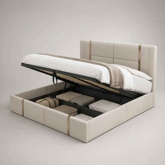 Queen Upholstered Lift-Up Storage Bed Frame with Cream Headboard and Gold Trim, 64 in. x 85 in.