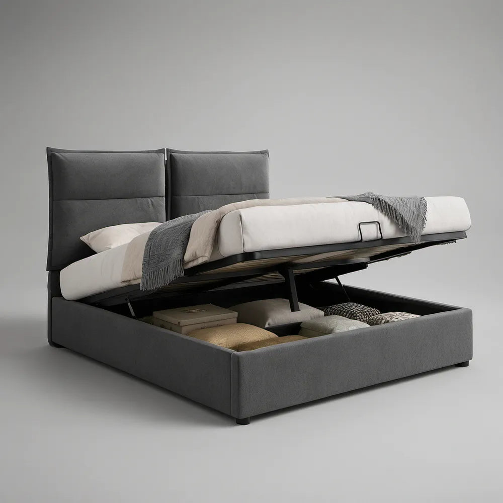 Queen Charcoal Gray Velvet Lift-Up Storage Bed Frame, 86 x 66 x 50 in