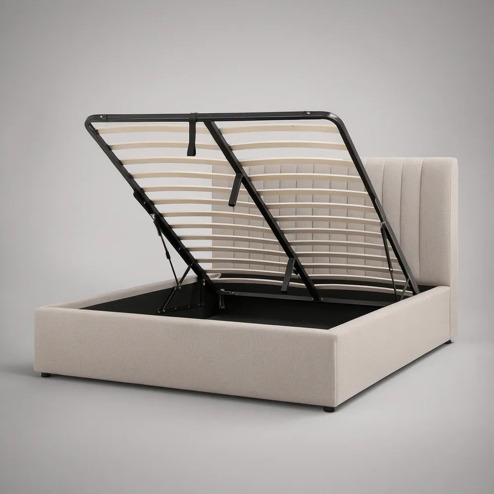 Queen Beige Upholstered Hydraulic Lift Storage Bed with Steel Slats, 64 x 84 x 48 in