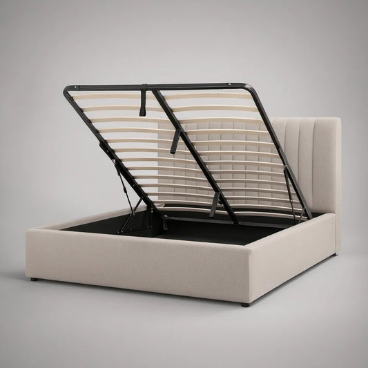 Queen Beige Upholstered Hydraulic Lift Storage Bed with Steel Slats, 64 x 84 x 48 in