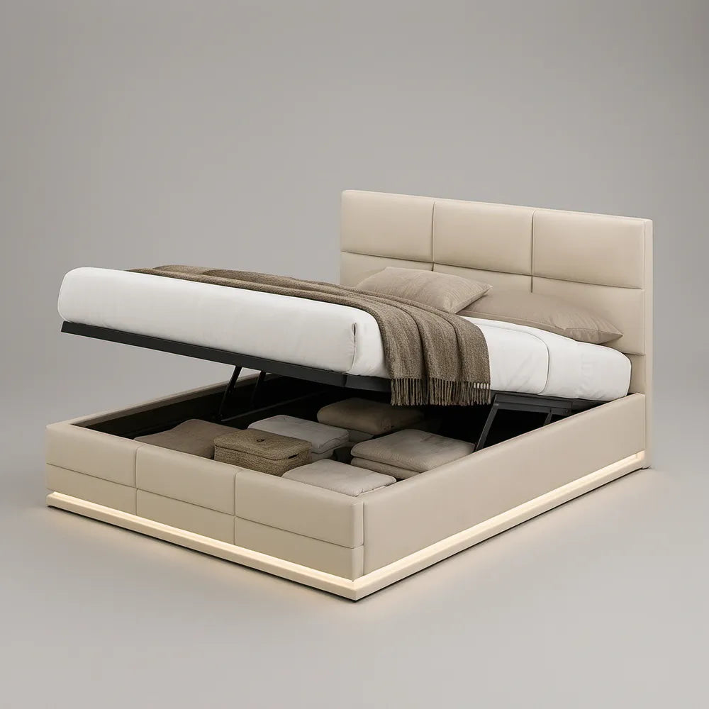 Queen Upholstered PU Leather Storage Bed with Hydraulic Lift, Cream, 83 in x 64 in x 45 in