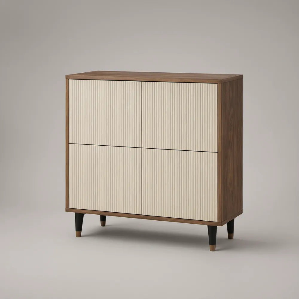 4-Door Fluted Storage Cabinet, 35.4 x 15.7 x 39.4 in, Walnut/Cream/Black
