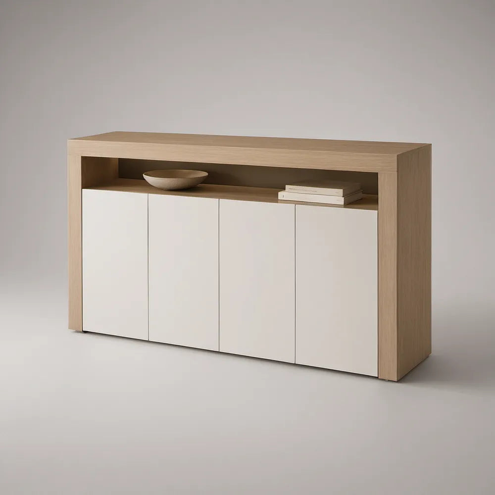 4-Door Sideboard Storage Cabinet, 160 x 40 x 85 cm, Light Oak/White