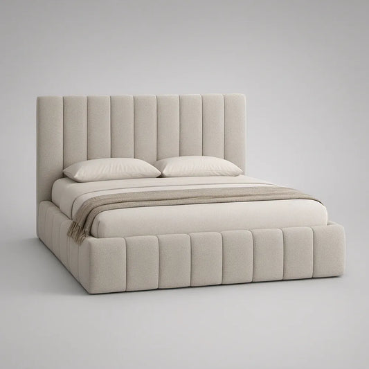 Queen Ivory Boucle Upholstered Platform Bed Frame, 64 x 85 x 53 in
