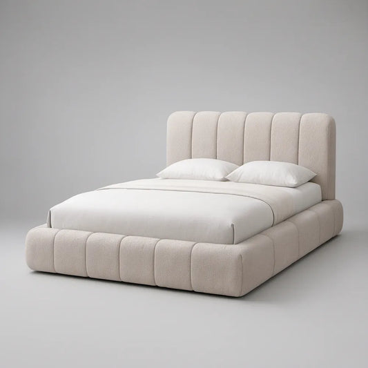 Queen Beige Boucl茅 Upholstered Storage Bed with Hydraulic Lift, 85 x 64 x 46 in