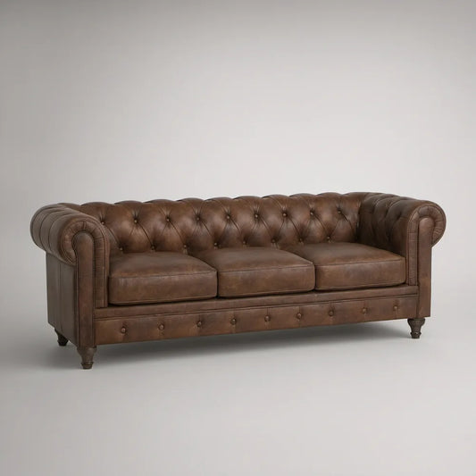 Brown Chesterfield 3-Seat Rolled-Arm PU Leather Sofa, 84 x 36 x 30 in