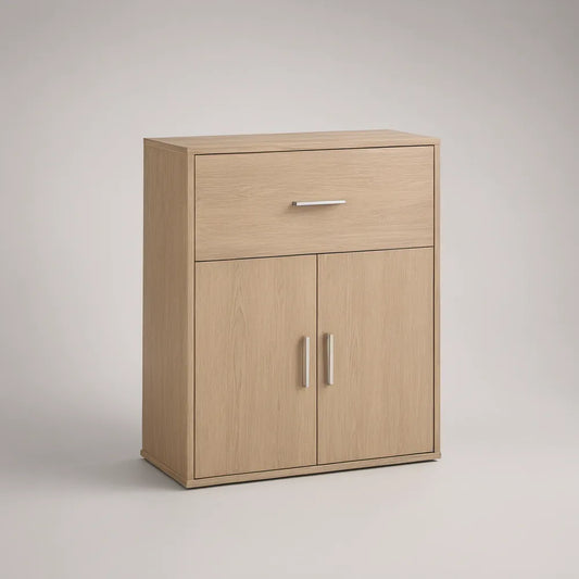 Light Oak Engineered Wood Storage Cabinet with Drawer and 2 Doors, 31.5 x 15.7 x 39.4 in