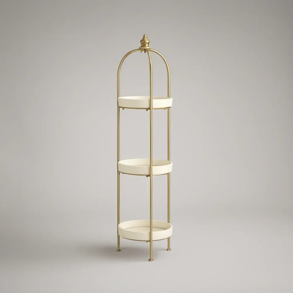 3-Tier Round Floor Shelf, Gold and Cream Steel Frame, 15.75 in Diameter x 61 in H