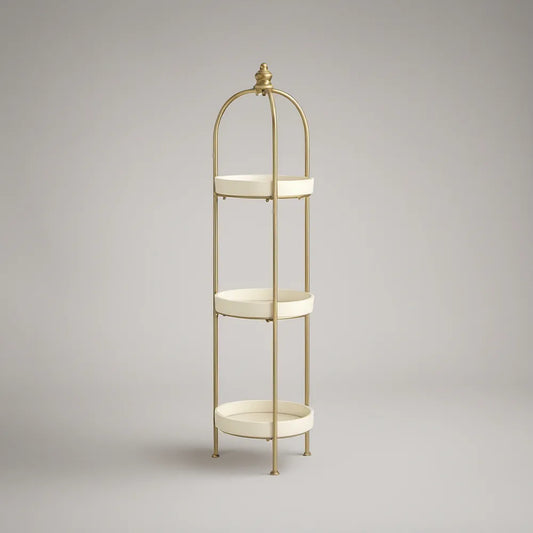 3-Tier Round Floor Shelf, Gold and Cream Steel Frame, 15.75 in Diameter x 61 in H