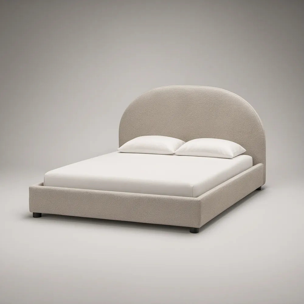 Queen Beige Upholstered Platform Bed Frame with Curved Headboard, 64 x 85 x 45 in