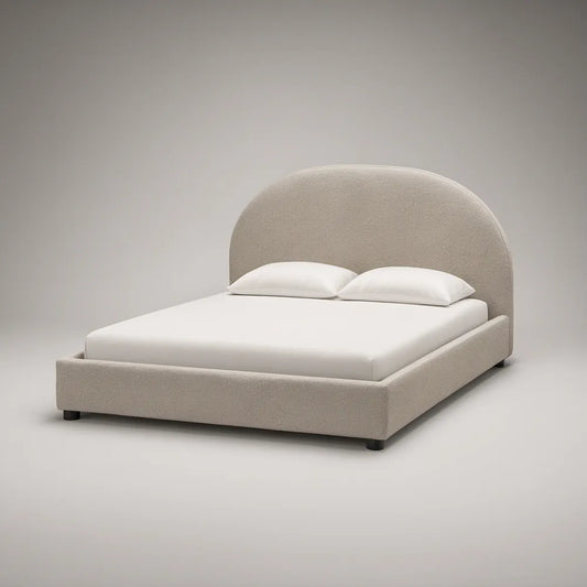 Queen Beige Upholstered Platform Bed Frame with Curved Headboard, 64 x 85 x 45 in