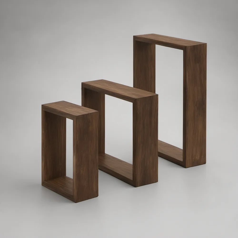 3-Piece Walnut Brown Nesting Display Shelf Set, 15.7 x 11.8 x 23.6 in, 19.7 x 11.8 x 31.5 in, 23.6 x 11.8 x 39.4 in