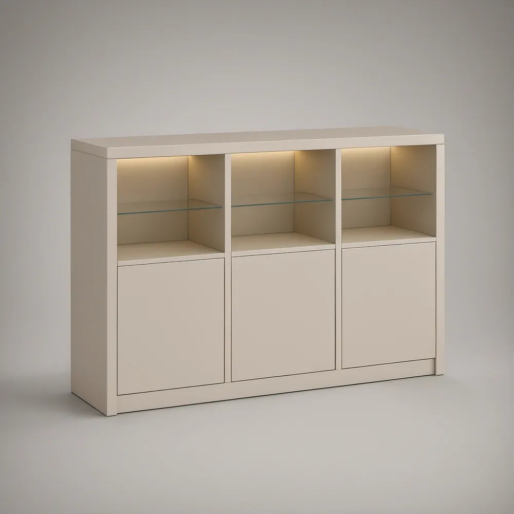 Cream MDF Storage Cabinet with Tempered Glass Shelves and LED Lighting, 47.2 x 15.7 x 35.4 in