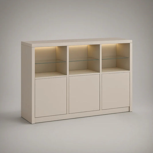 Cream MDF Storage Cabinet with Tempered Glass Shelves and LED Lighting, 47.2 x 15.7 x 35.4 in