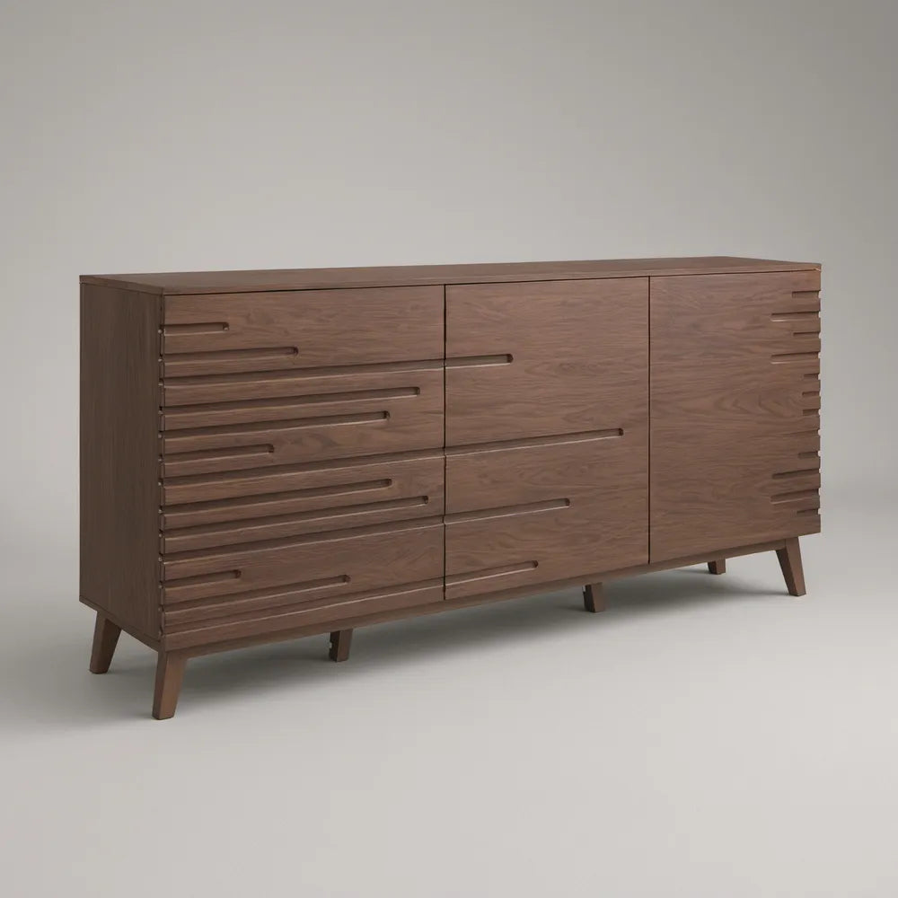 Walnut Brown Sideboard Storage Cabinet, 72 x 18 x 32 in, 6 Drawers and 2 Doors