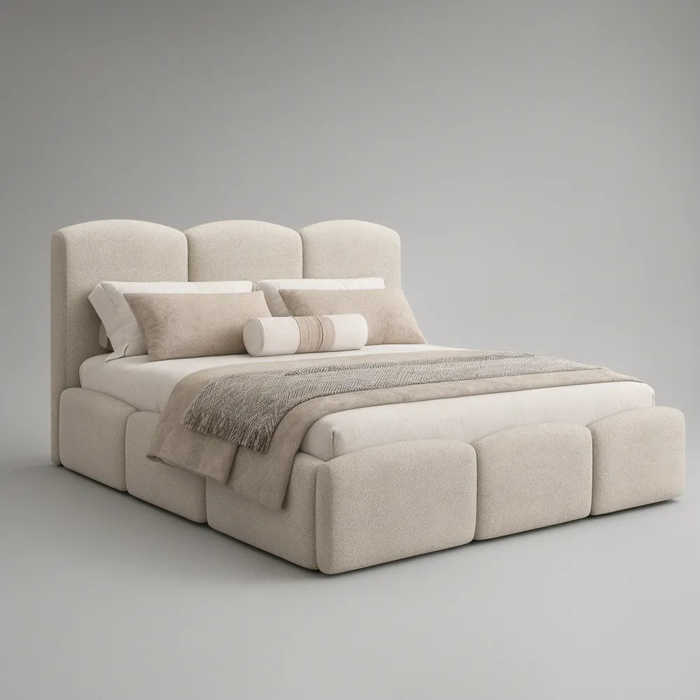 Cream Boucl茅 King Storage Bed with Rounded Upholstered Headboard, 88 in W x 94 in D x 48 in H