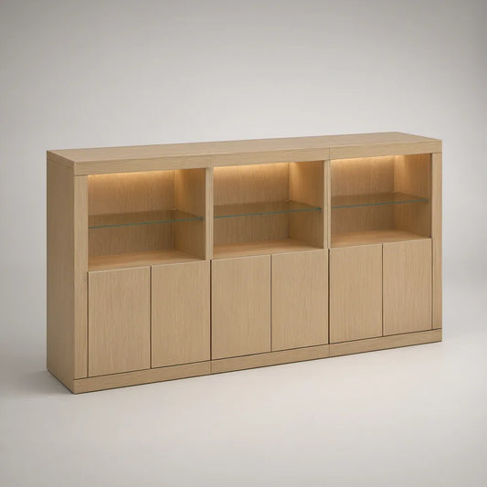 Light Oak Veneer Storage Sideboard with LED Display Shelves, 62.99 x 15.75 x 35.43 in