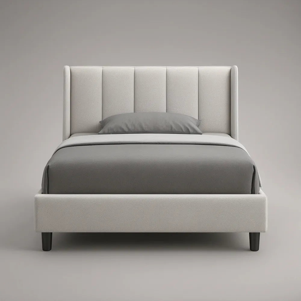 Queen Ivory Upholstered Platform Bed Frame with Wingback Channel-Tufted Headboard, 63 x 84 x 50 in