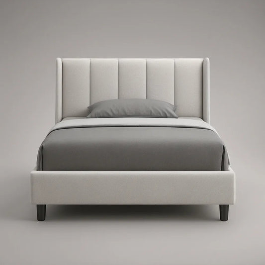 Queen Ivory Upholstered Platform Bed Frame with Wingback Channel-Tufted Headboard, 63 x 84 x 50 in